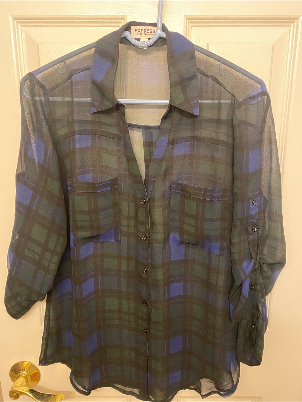 Express Sheer Plaid Button-Down in Navy & Green